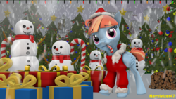 Size: 3840x2160 | Tagged: safe, artist:navyivizer47, windy whistles, pony, g4, 3d, candy, candy cane, christmas, christmas tree, female, food, hat, high res, holiday, present, santa hat, snowman, solo, source filmmaker, tree
