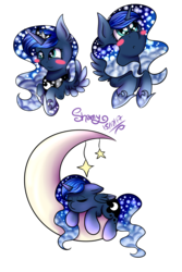 Size: 2000x3000 | Tagged: safe, artist:shamy-crist, princess luna, alicorn, pony, g4, blush sticker, blushing, chibi, female, high res, mare, moon, simple background, solo, tangible heavenly object, transparent background