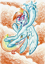 Size: 625x898 | Tagged: safe, artist:shoeunit, rainbow dash, pegasus, pony, g4, colored pencil drawing, female, flying, mare, solo, traditional art