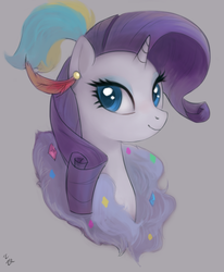 Size: 711x862 | Tagged: safe, artist:ehfa, rarity, pony, unicorn, g4, bust, ear piercing, earring, feather, feather boa, female, gray background, jewelry, looking at you, mare, piercing, plume, portrait, simple background, solo