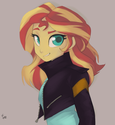 Size: 814x886 | Tagged: safe, artist:ehfa, sunset shimmer, human, equestria girls, g4, clothes, cute, female, gray background, grin, jacket, looking at you, looking back, raised eyebrow, shimmerbetes, simple background, smiling, solo