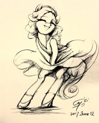 Size: 1843x2296 | Tagged: safe, artist:louislithium, earth pony, pony, semi-anthro, bipedal, clothes, covering, dress, eyes closed, female, mare, marilyn monroe, monochrome, ponified, pony shoes, shoes, simple background, smiling, solo, the seven year itch, traditional art, turned head
