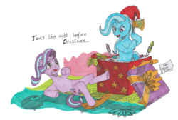 Size: 11283x7588 | Tagged: safe, artist:touki-san, starlight glimmer, trixie, pony, unicorn, g4, absurd resolution, axe, christmas, duo, female, firecracker, hat, holiday, mare, present, santa hat, traditional art, weapon