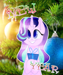Size: 1500x1784 | Tagged: safe, artist:crystarmlp, starlight glimmer, pony, unicorn, g4, christmas, christmas tree, cute, female, glimmerbetes, happy new year, holiday, mare, present, smiling, solo, tree