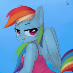 Size: 782x787 | Tagged: safe, artist:ehfa, rainbow dash, anthro, g4, bedroom eyes, blue background, clothes, female, lidded eyes, looking at you, looking back, simple background, solo, tongue out