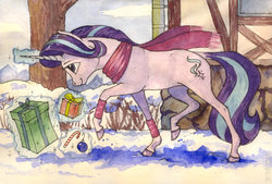 Size: 1024x694 | Tagged: safe, artist:skyaircobra, starlight glimmer, pony, unicorn, g4, box, christmas, clothes, female, glowing horn, holiday, horn, magic, mare, present, scarf, smiling, snow, solo, telekinesis, traditional art, watercolor painting