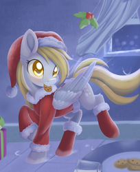 Size: 1200x1470 | Tagged: safe, artist:dusthiel, derpy hooves, pegasus, pony, g4, christmas, clothes, cookie, female, food, hat, holiday, holly, holly mistaken for mistletoe, mare, milk, mouth hold, santa hat, solo