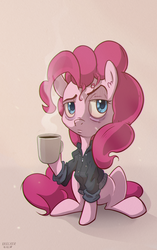 Size: 1024x1629 | Tagged: safe, artist:krecker-cream, pinkie pie, earth pony, pony, g4, bags under eyes, clothes, coffee, dexterous hooves, female, hoodie, mare, morning ponies, sitting, solo