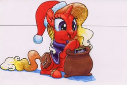 Size: 3433x2312 | Tagged: safe, artist:bbqninja501st, firebrand, pony, unicorn, g4, my little pony: tails of equestria, anklet, bag, book, braid, christmas, cute, female, happy, hat, high res, holiday, mare, open mouth, saddle bag, santa hat, simple background, sitting, smiling, solo, traditional art, white background