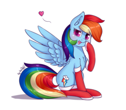 Size: 2116x1840 | Tagged: safe, alternate version, artist:dsp2003, rainbow dash, pegasus, pony, g4, blushing, clothes, cute, female, heart, looking at you, makeup, mare, open mouth, simple background, stockings, thigh highs, transparent background