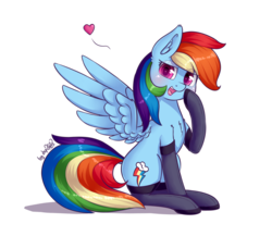 Size: 2116x1840 | Tagged: safe, alternate version, artist:dsp2003, rainbow dash, pegasus, pony, g4, blushing, clothes, cute, female, heart, looking at you, makeup, mare, open mouth, simple background, stockings, thigh highs, transparent background