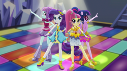 Size: 1912x1072 | Tagged: safe, screencap, rarity, sci-twi, sour sweet, sunny flare, twilight sparkle, dance magic, equestria girls, equestria girls specials, g4, boots, clothes, disco dress, female, freckles, glasses, group, high heel boots, high heels, legs, ponied up, ponytail, shoes, skirt