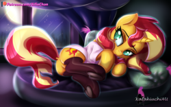 Size: 4000x2500 | Tagged: safe, artist:katakiuchi4u, sunset shimmer, pony, unicorn, g4, bed, clothes, curtains, cute, female, horn, mare, moon, night, on side, patreon, patreon logo, pillow, shimmerbetes, sky, solo, stockings, thigh highs, winter