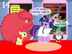 Size: 1024x768 | Tagged: safe, artist:bronybyexception, apple bloom, big macintosh, granny smith, spike, twilight sparkle, cat, dragon, pony, porg, g4, spoiler:star wars, advent calendar, blank flank, chewbacca, clothes, costume, crazy cat lady, dialogue, female, filly, fluffy, foal, group, hair bun, male, mare, princess leia, quartet, rey, rick and morty, show accurate, speech bubble, stallion, star wars, star wars: the last jedi