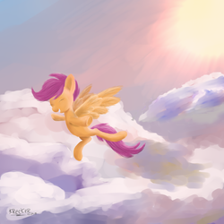 Size: 3000x3000 | Tagged: safe, artist:krecker-cream, scootaloo, pegasus, pony, g4, cloud, eyes closed, female, filly, flying, high res, scootaloo can fly, sky, solo, spread wings, wings