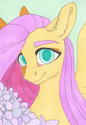Size: 1528x2214 | Tagged: safe, artist:eiirine, fluttershy, pegasus, pony, g4, bust, eyebrows, female, flower, looking at you, mare, portrait, solo, spread wings, traditional art, wings