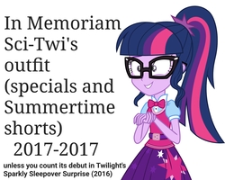 Size: 2560x2048 | Tagged: safe, artist:uponia, edit, sci-twi, twilight sparkle, equestria girls, equestria girls specials, g4, my little pony equestria girls: movie magic, my little pony: equestria girls: twilight's sparkly sleepover surprise, clothes, female, glasses, grin, high res, memorial, nervous, nervous smile, ponytail, rest in peace, simple background, skirt, smiling, solo