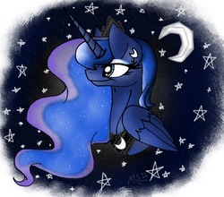 Size: 1560x1370 | Tagged: safe, artist:melonseed11, princess luna, alicorn, pony, g4, bust, female, folded wings, mare, moon, night, portrait, profile, solo, stars