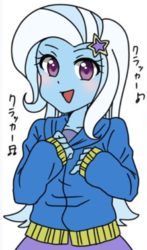 Size: 558x950 | Tagged: safe, artist:kouno bird, trixie, equestria girls, g4, cute, diatrixes, female, japanese, music notes, open mouth, simple background, solo, translated in the comments, white background
