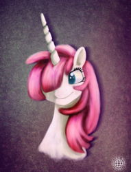 Size: 2233x2916 | Tagged: safe, artist:grayworldcorporation, oc, oc only, oc:fausticorn, alicorn, pony, blurry, bust, female, high res, mare, ponified, portrait, sample, smiling, solo