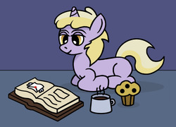 Size: 779x561 | Tagged: safe, artist:gogglesparks, dinky hooves, pony, unicorn, g4, book, female, filly, food, muffin, mug, ponyloaf, prone, reading, solo