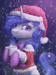Size: 960x1280 | Tagged: safe, artist:novaintellus, oc, oc only, oc:melodia, pony, unicorn, christmas, clothes, costume, female, floppy ears, hat, holiday, looking at you, mare, mug, santa costume, santa hat, smiling, snow, solo, sweater, winter