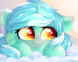 Size: 2000x1600 | Tagged: safe, artist:mitralexa, lyra heartstrings, pony, unicorn, g4, cute, female, lyrabetes, mare, prone, smiling, snow, solo, weapons-grade cute