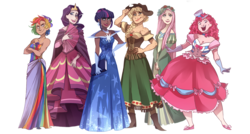 Size: 2200x1175 | Tagged: safe, artist:katarinacipcic, applejack, fluttershy, pinkie pie, rainbow dash, rarity, twilight sparkle, human, g4, alternate hairstyle, book, clothes, crossed arms, dark skin, diversity, dress, female, gala dress, hands together, humanized, mane six, open mouth, simple background, smiling, white background