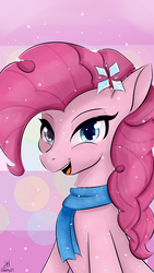 Size: 1080x1920 | Tagged: safe, artist:dashy21, pinkie pie, earth pony, pony, g4, abstract background, clothes, female, hairclip, scarf, snow, solo