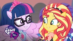 Size: 1280x720 | Tagged: safe, screencap, rarity, sci-twi, sunset shimmer, twilight sparkle, equestria girls, equestria girls series, forgotten friendship, g4, clothes, duo, equestria girls logo, glasses, looking at each other, ponied up, sci-twilicorn, shipping fuel, smiling, wings