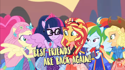 Size: 1366x768 | Tagged: safe, screencap, applejack, fluttershy, pinkie pie, rainbow dash, rarity, sci-twi, sunset shimmer, twilight sparkle, equestria girls, equestria girls series, forgotten friendship, g4, female, happy, holding hands, humane five, humane seven, humane six, looking at each other, mane six, ponied up, sci-twilicorn, shipping fuel, smiling, twilight sparkle (alicorn)