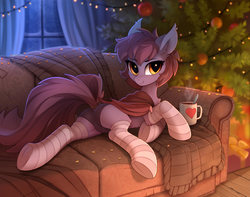 Size: 1600x1261 | Tagged: safe, alternate version, artist:tomatocoup, artist:yakovlev-vad, oc, oc only, oc:ventress, bat pony, pony, g4, bat pony oc, bat wings, butt, chest fluff, chocolate, christmas, christmas tree, clothes, collaboration, cottagecore, couch, cute, cute little fangs, explicit source, fangs, female, food, holiday, hot chocolate, leg fluff, looking at you, looking back, looking back at you, panties, plot, sfw version, slender, socks, solo, stockings, striped socks, thigh highs, thin, tree, underhoof, underwear, wallpaper, wings, ych result