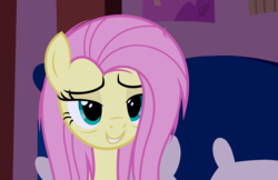Size: 3000x1939 | Tagged: safe, artist:slb94, fluttershy, pony, g4, bags under eyes, bed, bust, female, lidded eyes, mare, messy mane, morning ponies, pillow, portrait, smiling, solo, tired, waking up
