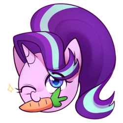 Size: 1159x1161 | Tagged: safe, artist:maren, starlight glimmer, pony, unicorn, g4, black background, carrot, female, food, herbivore, horn, mare, mouth hold, one eye closed, simple background, solo, wink