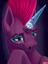 Size: 1440x1920 | Tagged: safe, artist:wwredgrave, tempest shadow, pony, unicorn, g4, my little pony: the movie, blushing, broken horn, cute, epoxy, eye scar, female, horn, makeup, mare, prosthetic horn, prosthetics, scar, simple background, smiling, solo, tempest gets her horn back