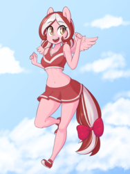 Size: 1200x1600 | Tagged: safe, artist:skecchiart, oc, oc only, oc:cherry blossom, pegasus, anthro, plantigrade anthro, anthro oc, belly button, bow, clothes, commission, cute, female, legs, mare, moe, pigtails, pleated skirt, shoes, skirt, smiling, solo, tank top