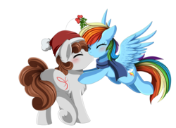 Size: 3509x2550 | Tagged: safe, artist:pridark, rainbow dash, oc, oc:dreamer, earth pony, pegasus, pony, g4, butt, canon x oc, christmas, clothes, commission, eyes closed, female, flying, frog (hoof), hat, high res, holiday, kiss on the lips, kissing, male, mare, mistletoe, plot, rainmer, santa hat, scarf, simple background, straight, transparent background, underhoof