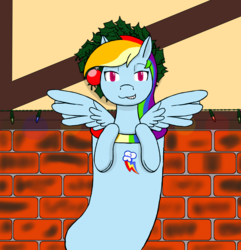 Size: 1639x1703 | Tagged: safe, alternate version, artist:wyntermoon, rainbow dash, pegasus, pony, g4, christmas, christmas lights, christmas stocking, christmas wreath, cutie mark, female, fireplace, grin, holiday, lidded eyes, looking at you, mare, smiling, solo, spread wings, wings, wreath