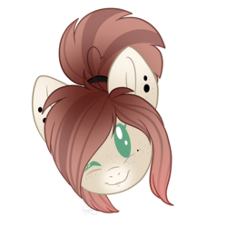 Size: 2000x2000 | Tagged: source needed, safe, artist:creativechibigraphics, oc, oc only, pony, bust, ear piercing, earring, female, freckles, high res, jewelry, looking at you, mare, one eye closed, piercing, ponytail, portrait, simple background, smiling, solo, sticker, transparent background, wink