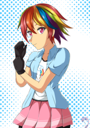 Size: 1024x1453 | Tagged: safe, artist:achaoticdotstar, rainbow dash, human, g4, clothes, female, humanized, multicolored hair, solo