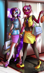 Size: 1700x2800 | Tagged: safe, artist:elmutanto, rarity, oc, anthro, g4, anthro oc, canon x oc, clothes, commission, female, high heels, holding hands, mare, missing horn, qr code, shoes, shopping, shopping bag, smiling, walking