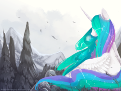 Size: 2800x2100 | Tagged: safe, artist:nutty-stardragon, princess celestia, alicorn, pony, g4, breath, female, forest, high res, long mane, mare, mountain, scenery, snow, solo, spread wings, wings, winter