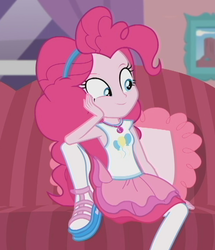 Size: 770x896 | Tagged: safe, screencap, pinkie pie, equestria girls, g4, my little pony equestria girls: better together, pinkie sitting, clothes, cropped, cute, female, hairband, pantyhose, shoes, skirt, solo
