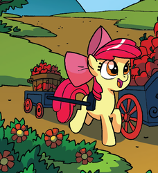 Size: 636x696 | Tagged: safe, artist:tonyfleecs, edit, idw, apple bloom, earth pony, pony, g4, spoiler:comic, spoiler:comicff9, adorabloom, apple, cropped, cute, female, filly, food, solo, wagon