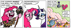 Size: 935x371 | Tagged: safe, artist:gingerfoxy, pinkie pie, rarity, earth pony, pony, unicorn, pony comic generator, g4, candy, candy mountain, comic, female, food, magic 8 ball, magic staff, mare, simple background, staff, white background