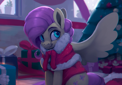 Size: 1100x767 | Tagged: safe, artist:rodrigues404, fluttershy, pegasus, pony, g4, christmas, christmas tree, clothes, costume, cute, female, holiday, house, looking sideways, mare, plant, present, shyabetes, sitting, smiling, solo, spread wings, tree, window, wings