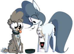 Size: 1905x1387 | Tagged: safe, artist:hattsy, oc, oc only, oc:dogg, oc:hattsy, dog, earth pony, pony, apron, clothes, collar, dialogue, looking down, pet bowl, tongue out