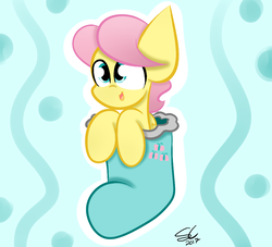 Size: 1100x1000 | Tagged: safe, artist:sugarcloud12, fluttershy, pony, g4, adorascotch, butterscotch, chibi, christmas, christmas stocking, cute, holiday, male, rule 63, rule63betes, solo, stallion