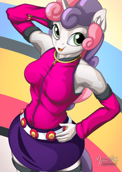 Size: 955x1351 | Tagged: safe, artist:mysticalpha, sweetie belle, unicorn, anthro, g4, arm behind head, armpits, belt, breasts, busty sweetie belle, caramella girls, caramelldansen, clothes, female, horn, looking at you, moe, older, open mouth, skirt, socks, solo, thigh highs, zettai ryouiki