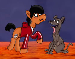 Size: 2648x2104 | Tagged: safe, artist:euspuche, dog, earth pony, pony, clothes, coco (disney movie), crossover, dante (coco), disney, film, high res, hoodie, looking up, miguel rivera, open mouth, pixar, ponified, smiling, tongue out